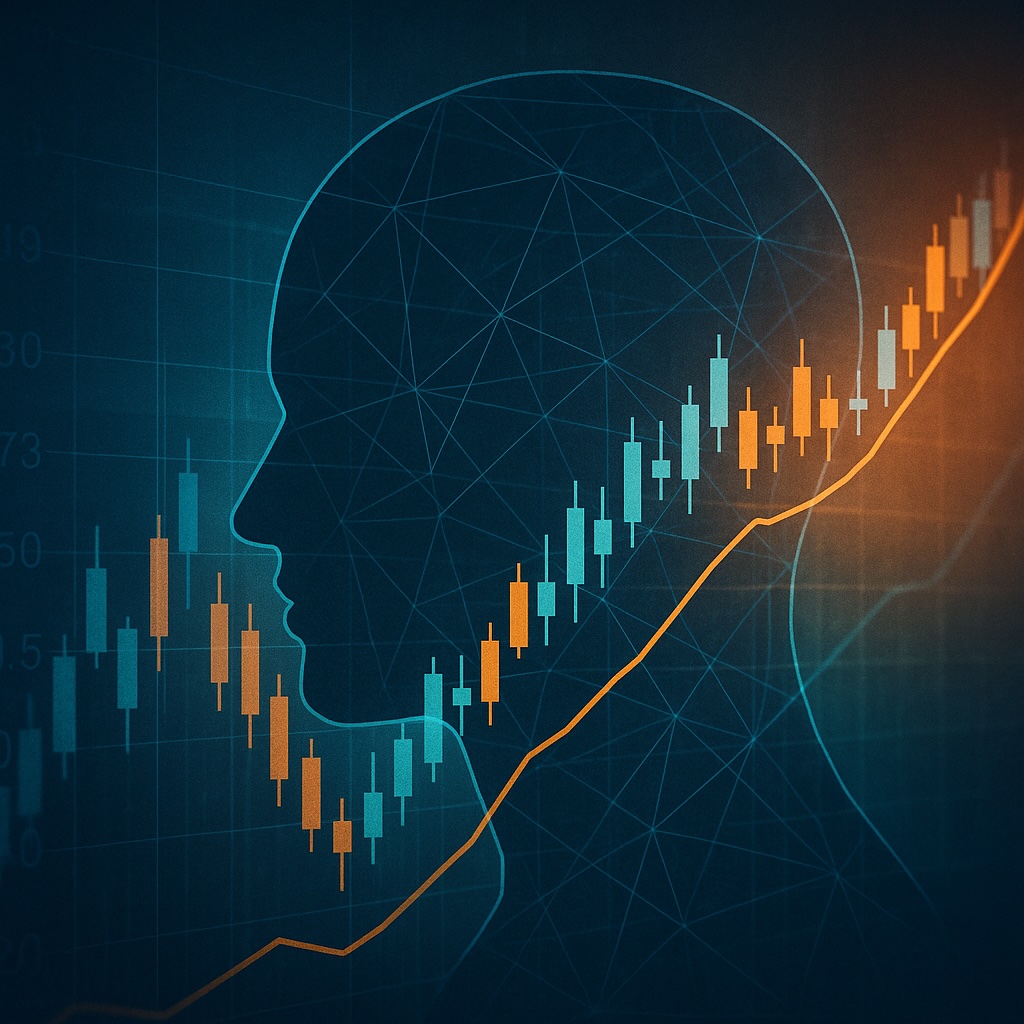 Abstract image of market data and human head, representing future of trading technology and talent trends.