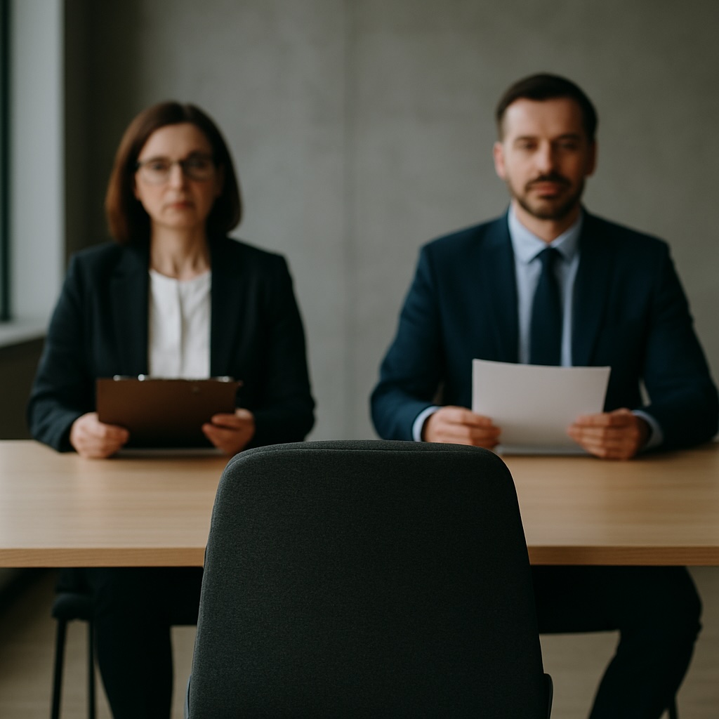 Empty interview chair with hiring panel in background, symbolising bias against unemployed candidates